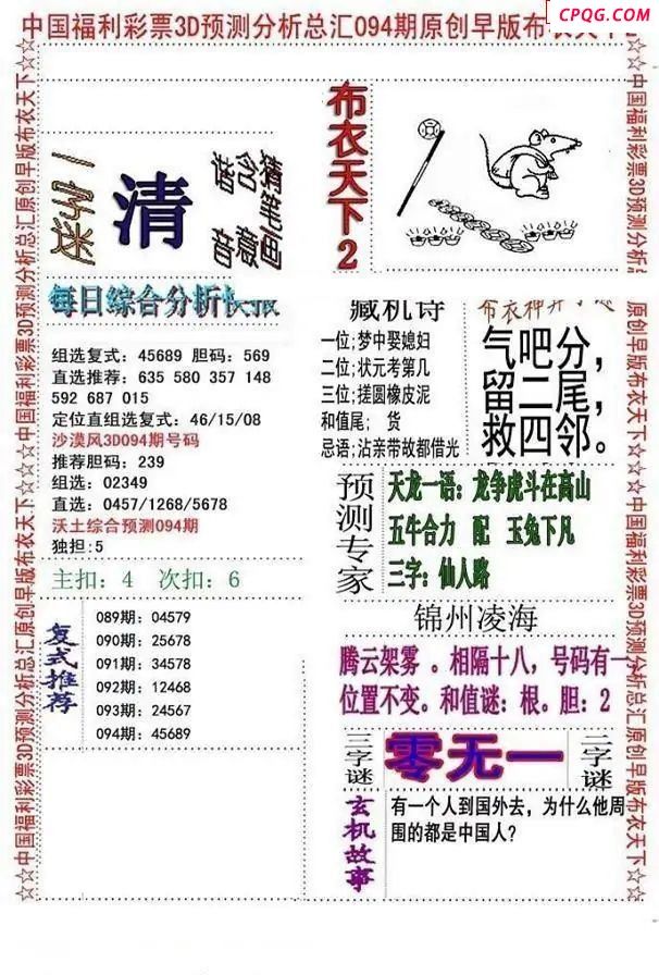 早版布衣2025094期3d图谜