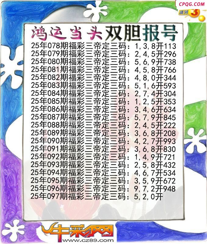 鸿运当头双胆报号097期体彩P3图谜