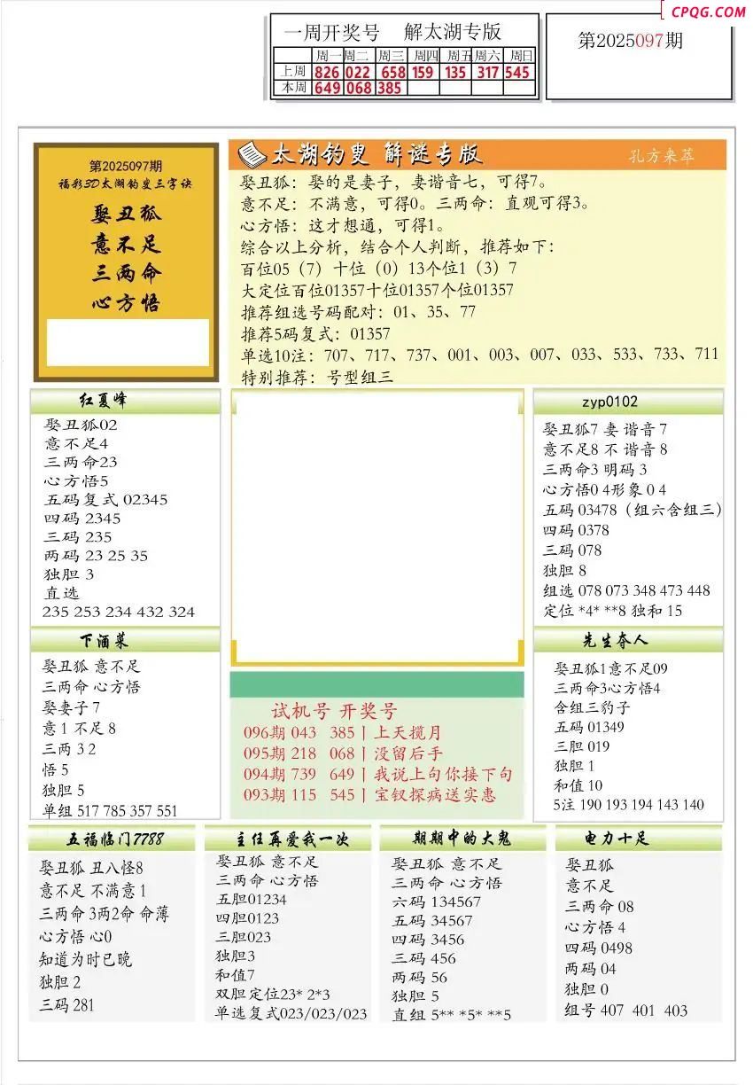 2025097期解太湖3d字图迷汇总报