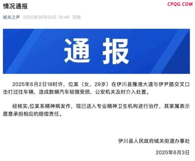 官方通报女子打砸多辆汽车
