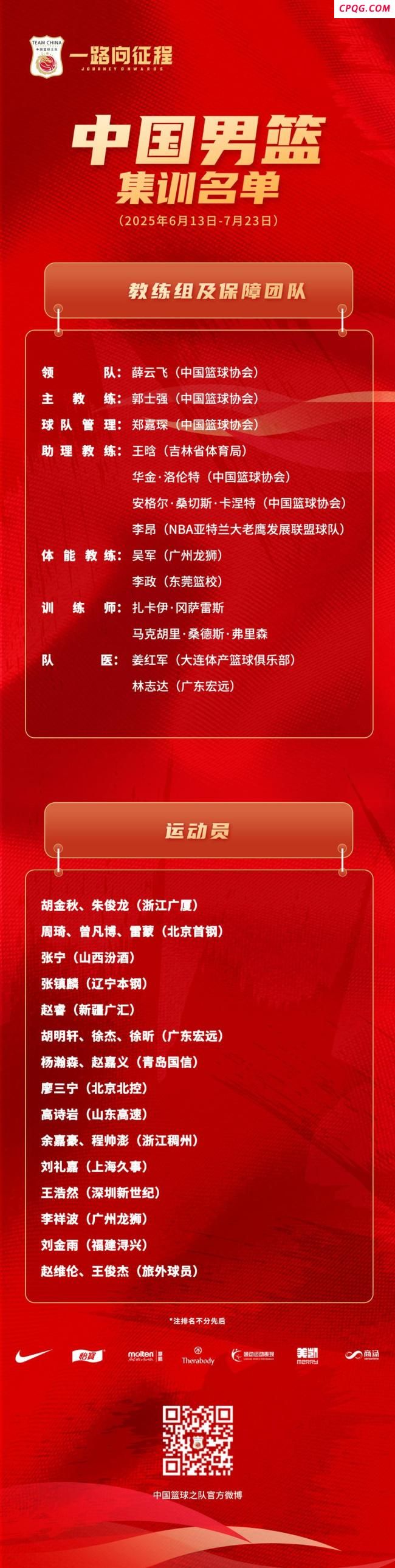 中国男篮亚洲杯集训大名单公布