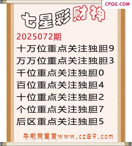 七星彩2025年072期财神独胆图迷