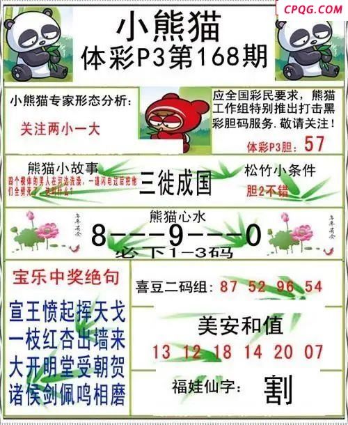 小熊猫2025168期体彩P3图谜