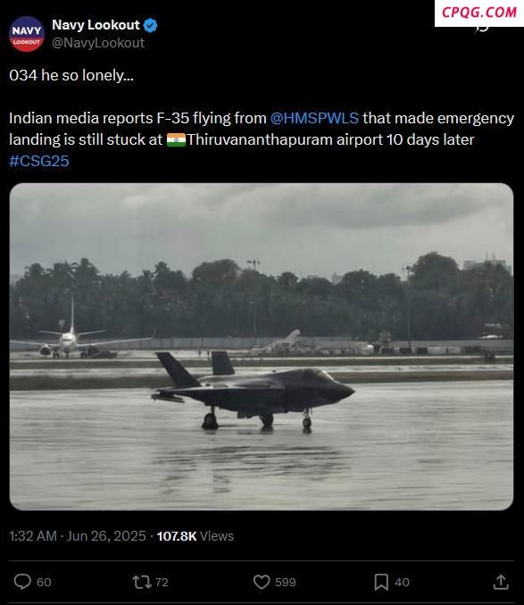 英F-35战机“趴窝”印度机场20天，印度人集体调侃：果然是英国的，来了就不肯走