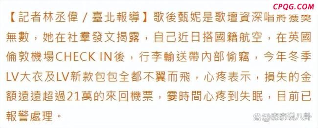 知名歌手甄妮坐飞机行李箱被盗 LV大衣与包不翼而飞