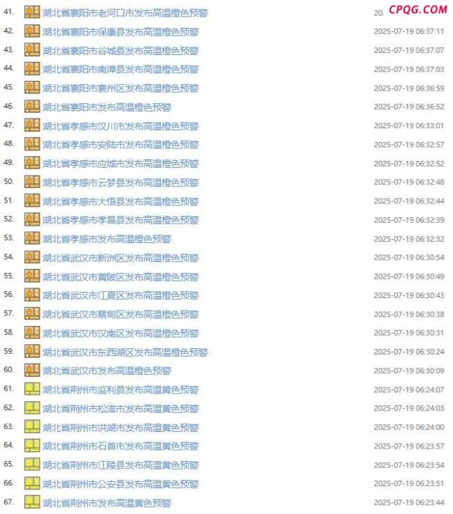 湖北连发67条高温预警 多地气温将超37℃