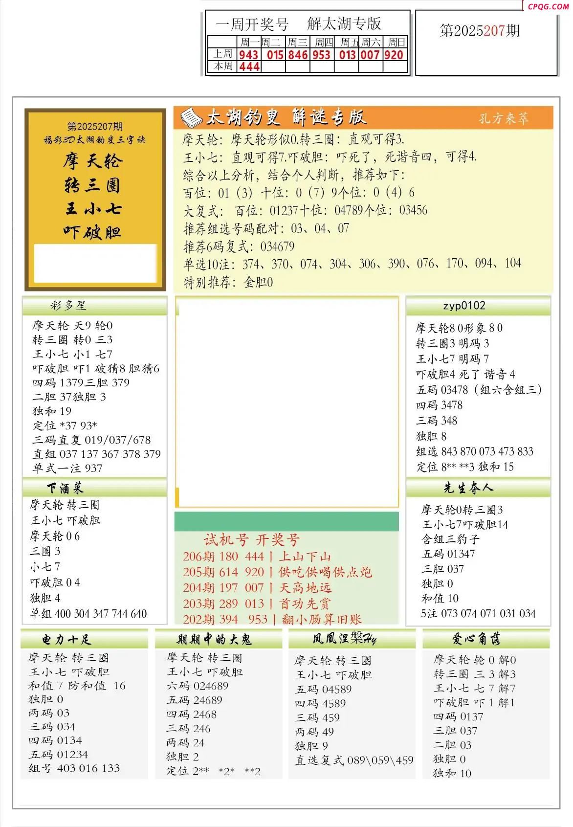 2025207期解太湖3d字图迷汇总报