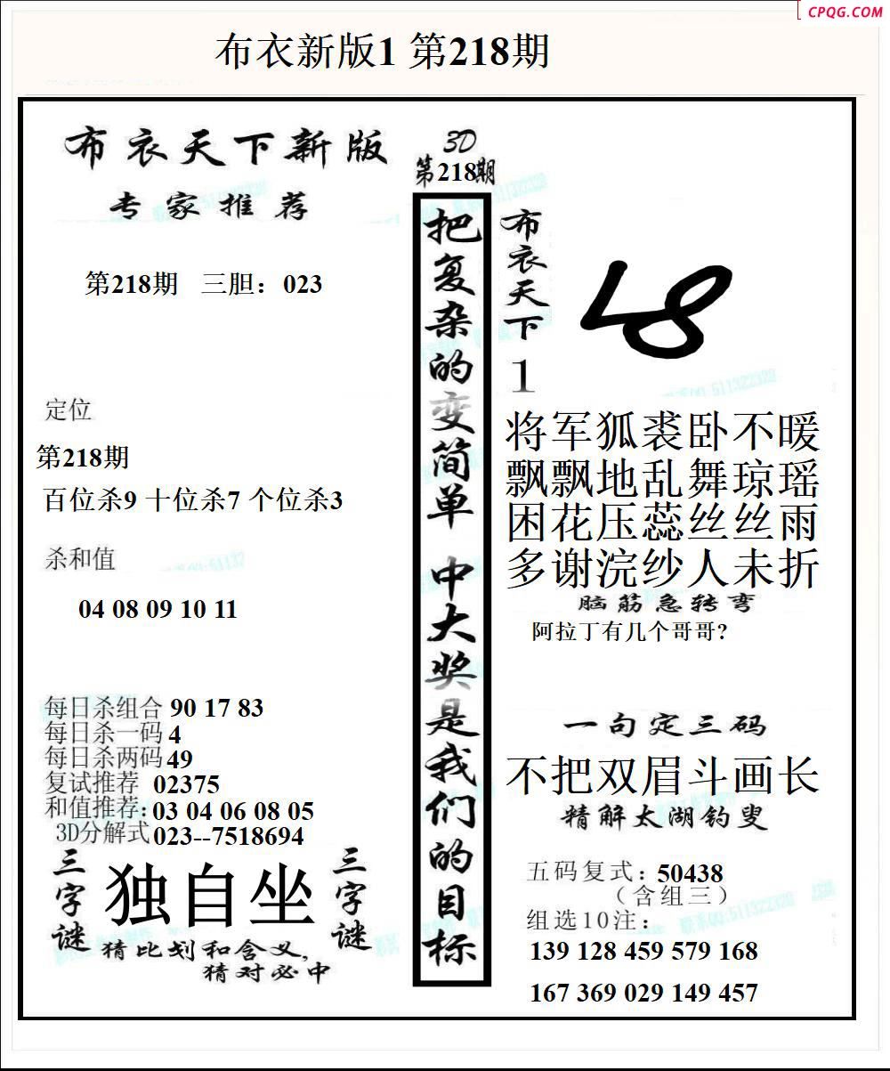 布衣天下新版2025218期3d图谜