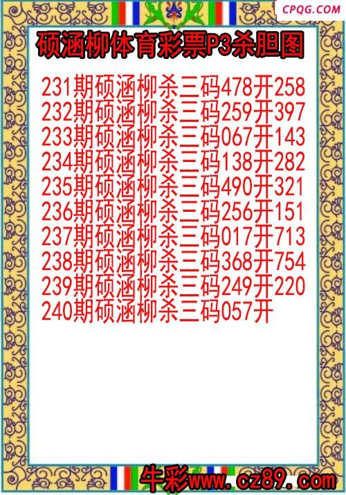 25年240期硕涵柳体育彩票P3杀胆图