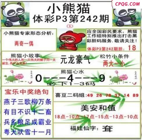 小熊猫2025242期体彩P3图谜